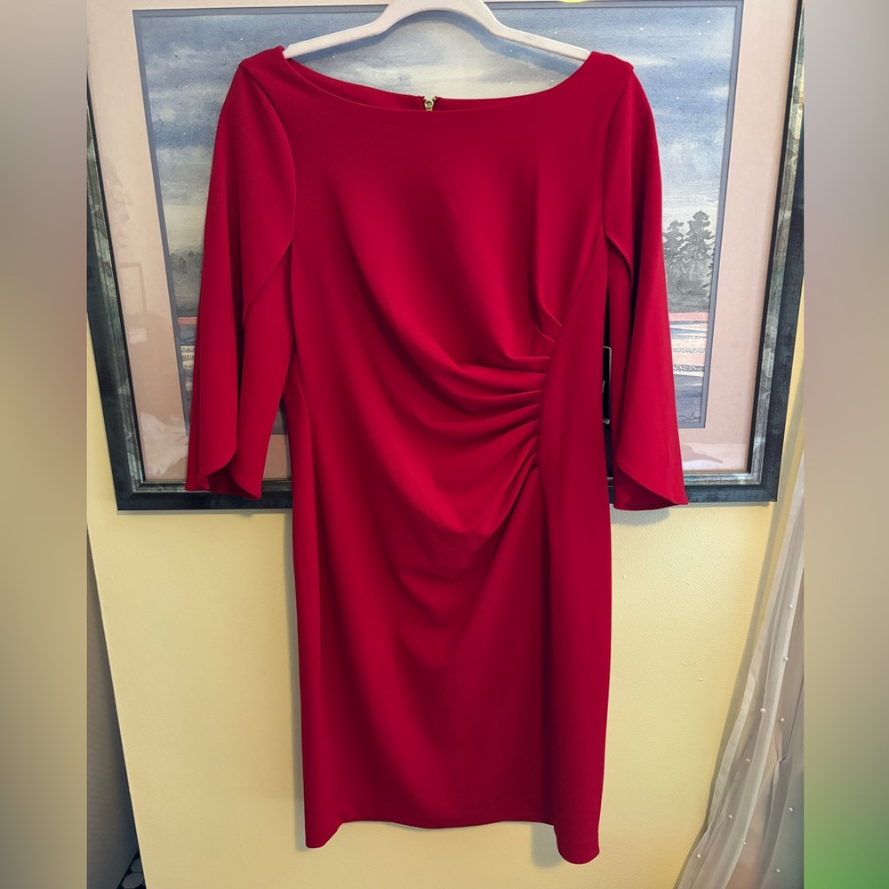 Red DKNY knee-length cocktail dress w/ flutter sleeve